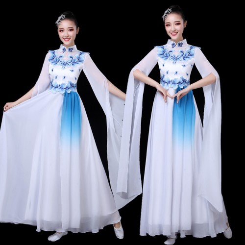 Women's Chinese folk dance costumes female blue and white ancient traditional classical dance dresses china style fairy performance dress